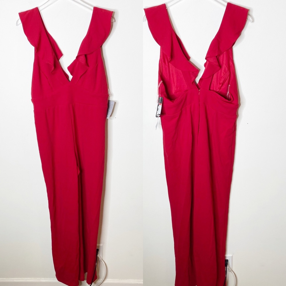 Jump Apparel Red Jumpsuit Ruffle Plunge Neckline